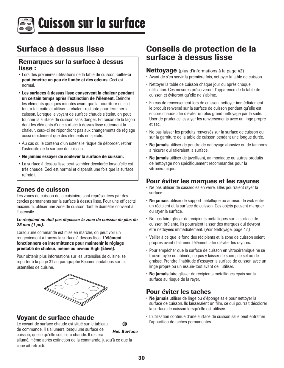 Cuisson sur la surface, Surface à dessus lisse, Remarques sur la surface à dessus lisse | Zones de cuisson, Voyant de surface chaude, Nettoyage, Pour éviter les marques et les rayures, Pour éviter les taches | Amana 8113P596-60 User Manual | Page 31 / 76