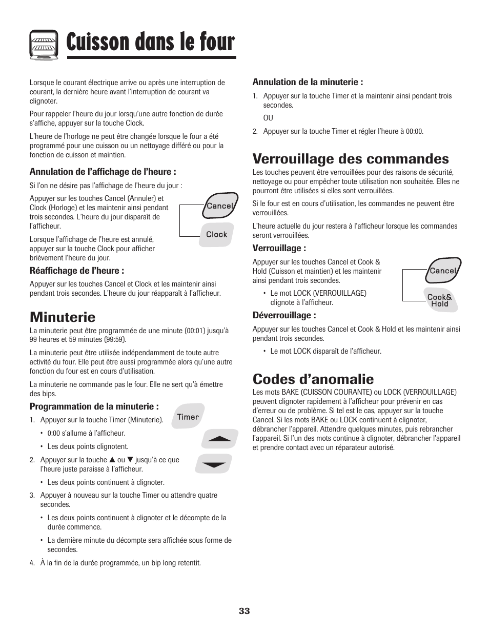 Cuisson dans le four, Minuterie, Verrouillage des commandes | Codes d’anomalie | Amana 8113P596-60 User Manual | Page 34 / 76