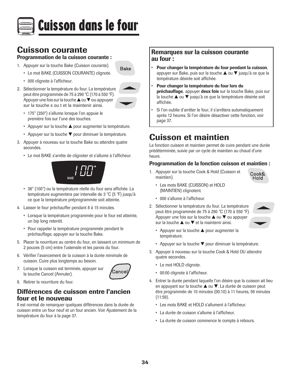 Cuisson dans le four, Cuisson courante, Cuisson et maintien | Remarques sur la cuisson courante au four | Amana 8113P596-60 User Manual | Page 35 / 76
