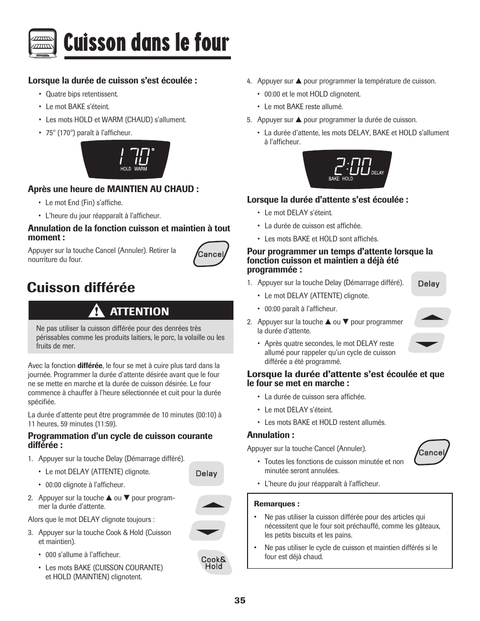 Cuisson dans le four, Cuisson différée, Attention | Amana 8113P596-60 User Manual | Page 36 / 76