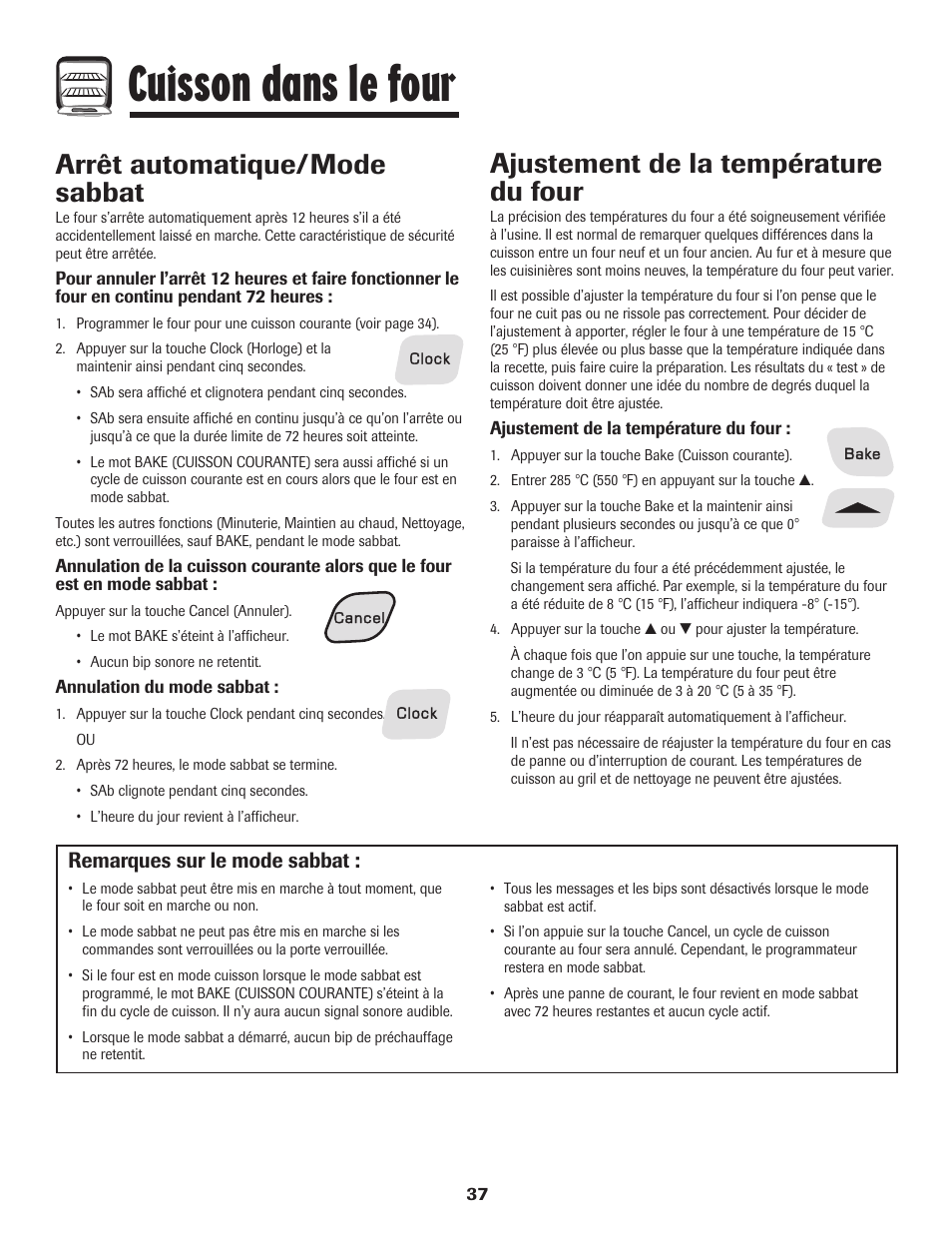 Cuisson dans le four, Arrêt automatique/mode sabbat, Ajustement de la température du four | Remarques sur le mode sabbat | Amana 8113P596-60 User Manual | Page 38 / 76