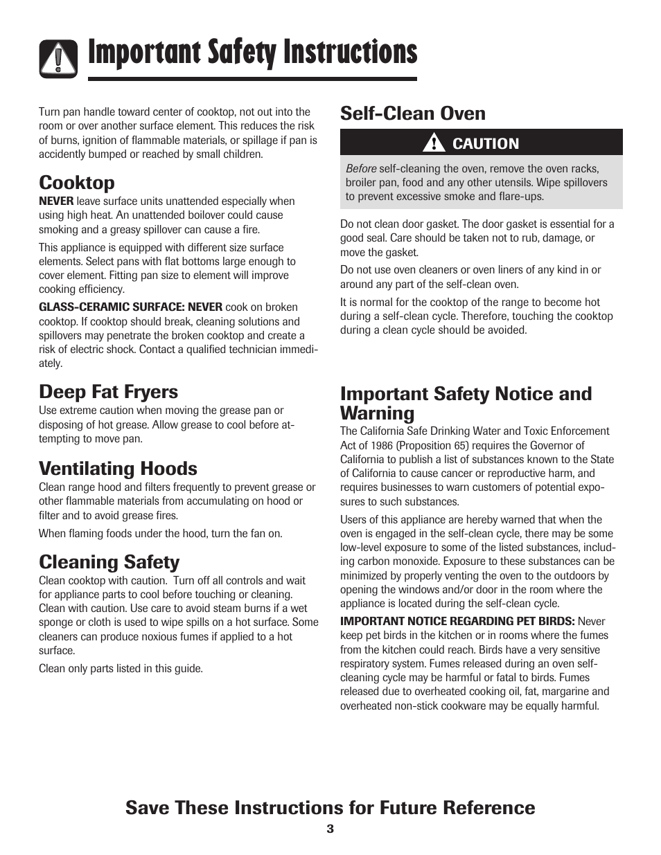 Important safety instructions, Important safety notice and warning, Save these instructions for future reference | Cooktop, Deep fat fryers, Ventilating hoods, Cleaning safety, Self-clean oven | Amana 8113P596-60 User Manual | Page 4 / 76