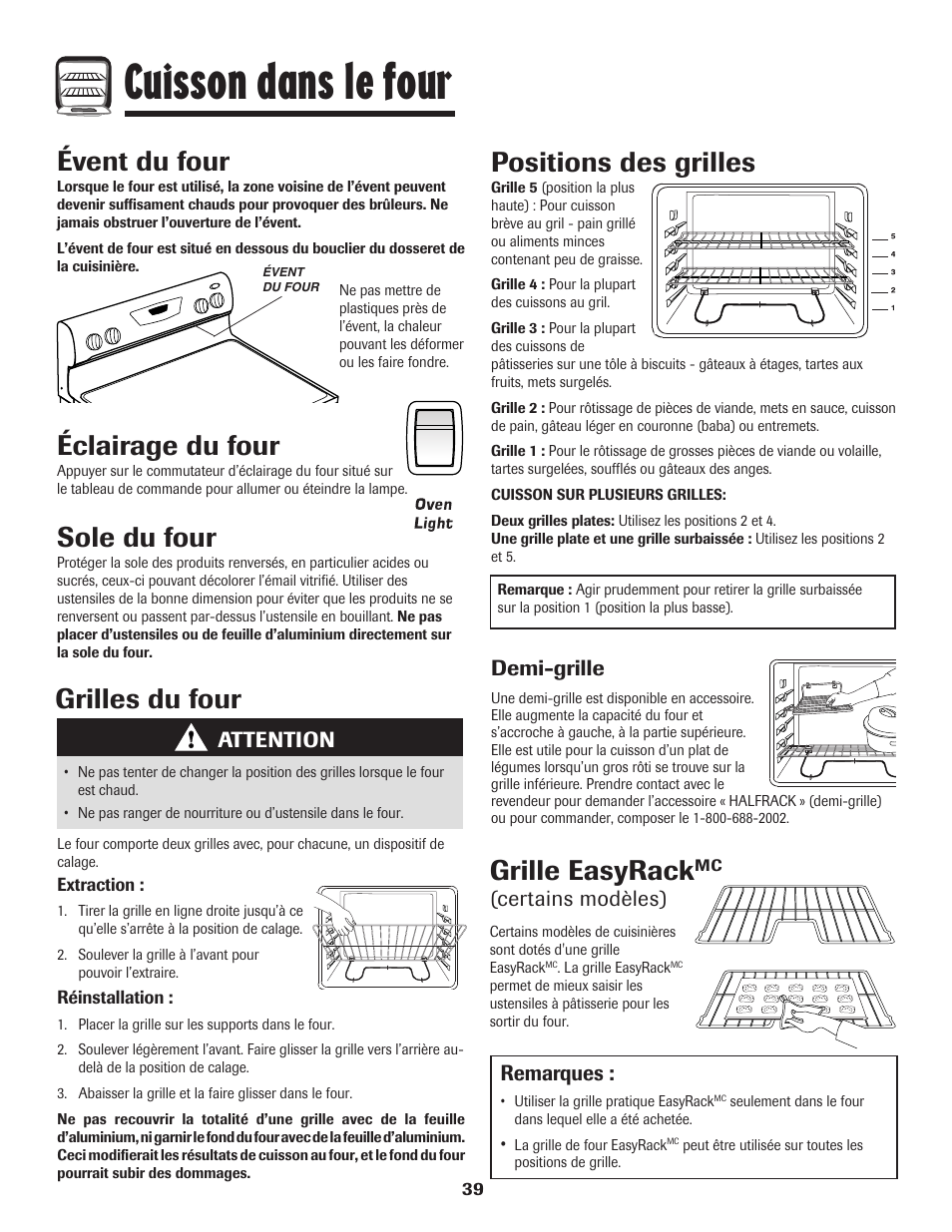 Cuisson dans le four, Éclairage du four, Sole du four | Évent du four, Grilles du four, Positions des grilles, Grille easyrack, Attention, Demi-grille, Certains modèles) | Amana 8113P596-60 User Manual | Page 40 / 76