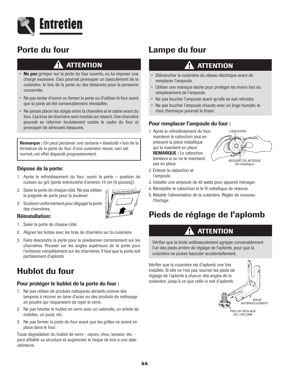 Entretien, Hublot du four, Lampe du four pieds de réglage de l’aplomb | Porte du four, Attention | Amana 8113P596-60 User Manual | Page 45 / 76