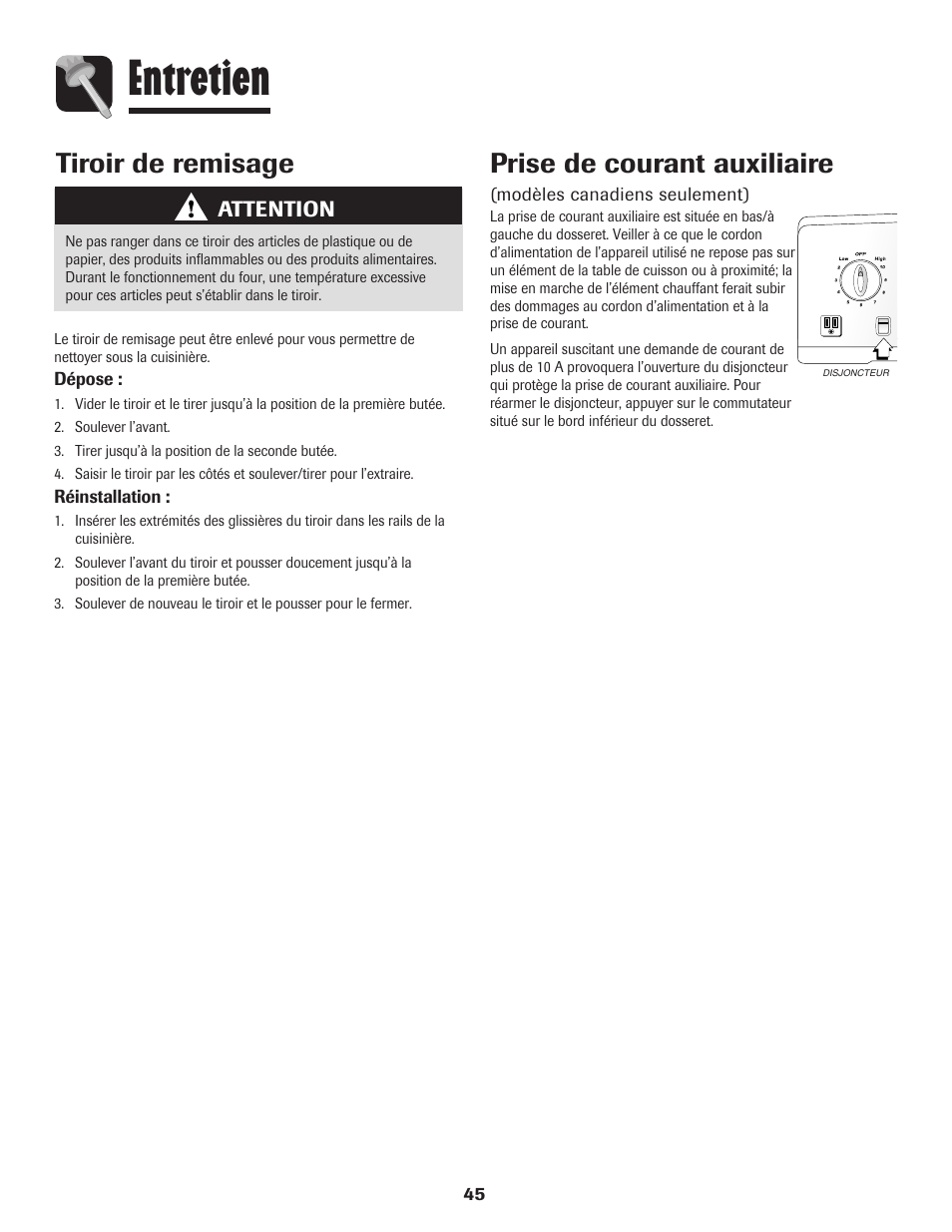 Entretien, Prise de courant auxiliaire, Tiroir de remisage | Amana 8113P596-60 User Manual | Page 46 / 76