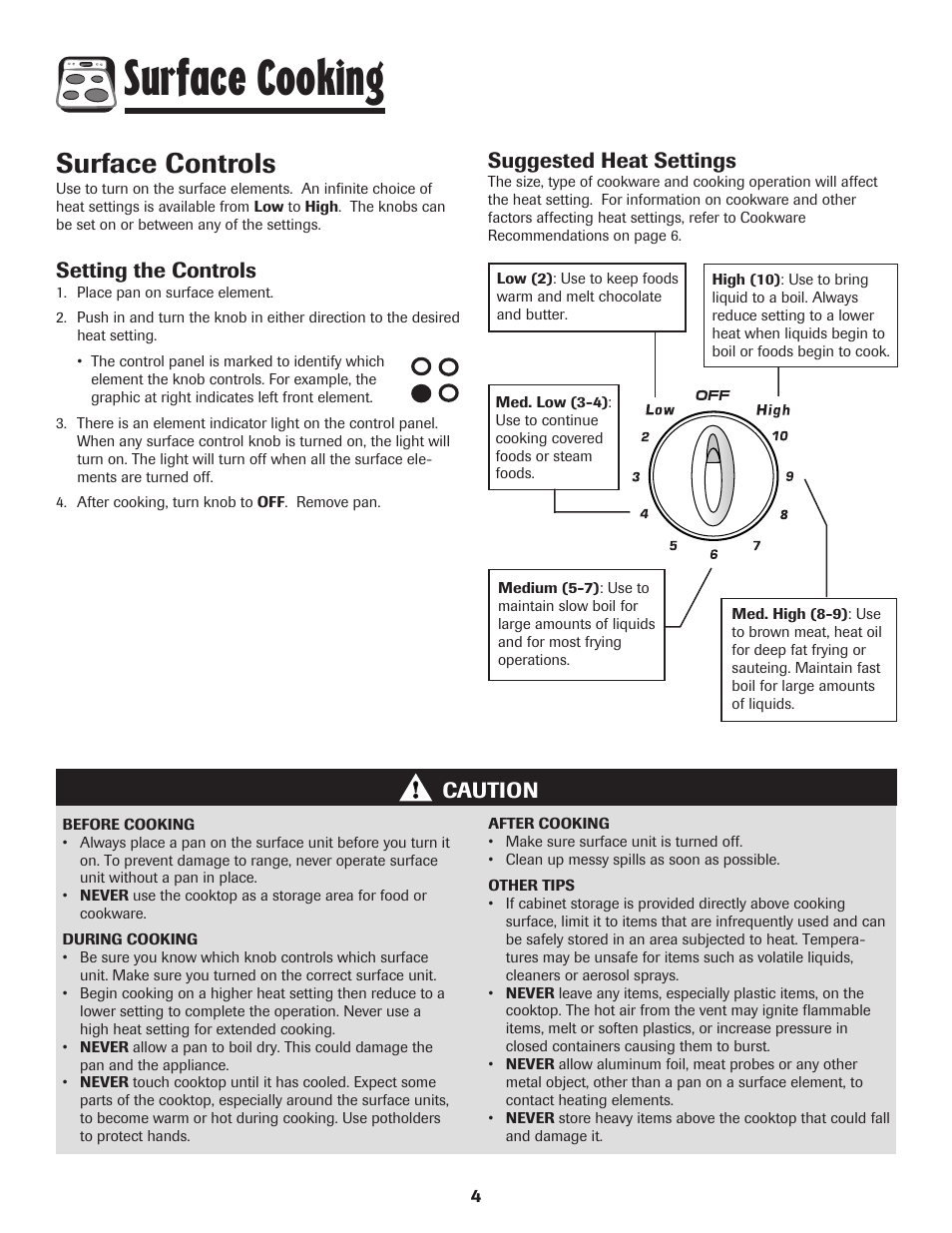 Surface cooking, Surface controls, Setting the controls | Caution suggested heat settings | Amana 8113P596-60 User Manual | Page 5 / 76