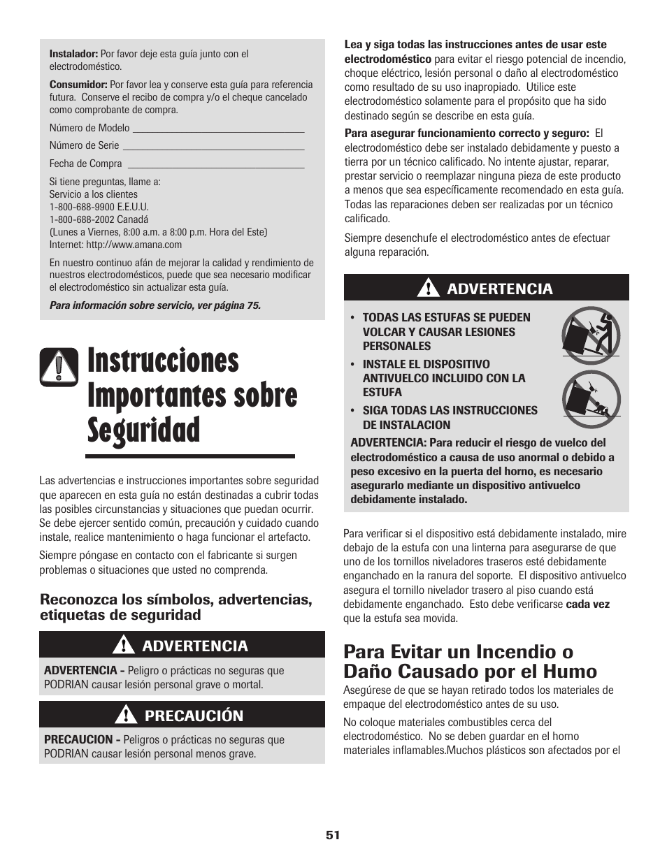 Instrucciones importantes sobre seguridad, Para evitar un incendio o daño causado por el humo | Amana 8113P596-60 User Manual | Page 52 / 76