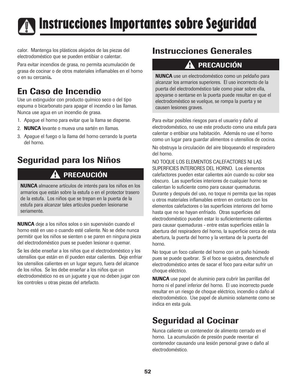 Instrucciones importantes sobre seguridad, En caso de incendio, Seguridad para los niños | Instrucciones generales, Seguridad al cocinar | Amana 8113P596-60 User Manual | Page 53 / 76