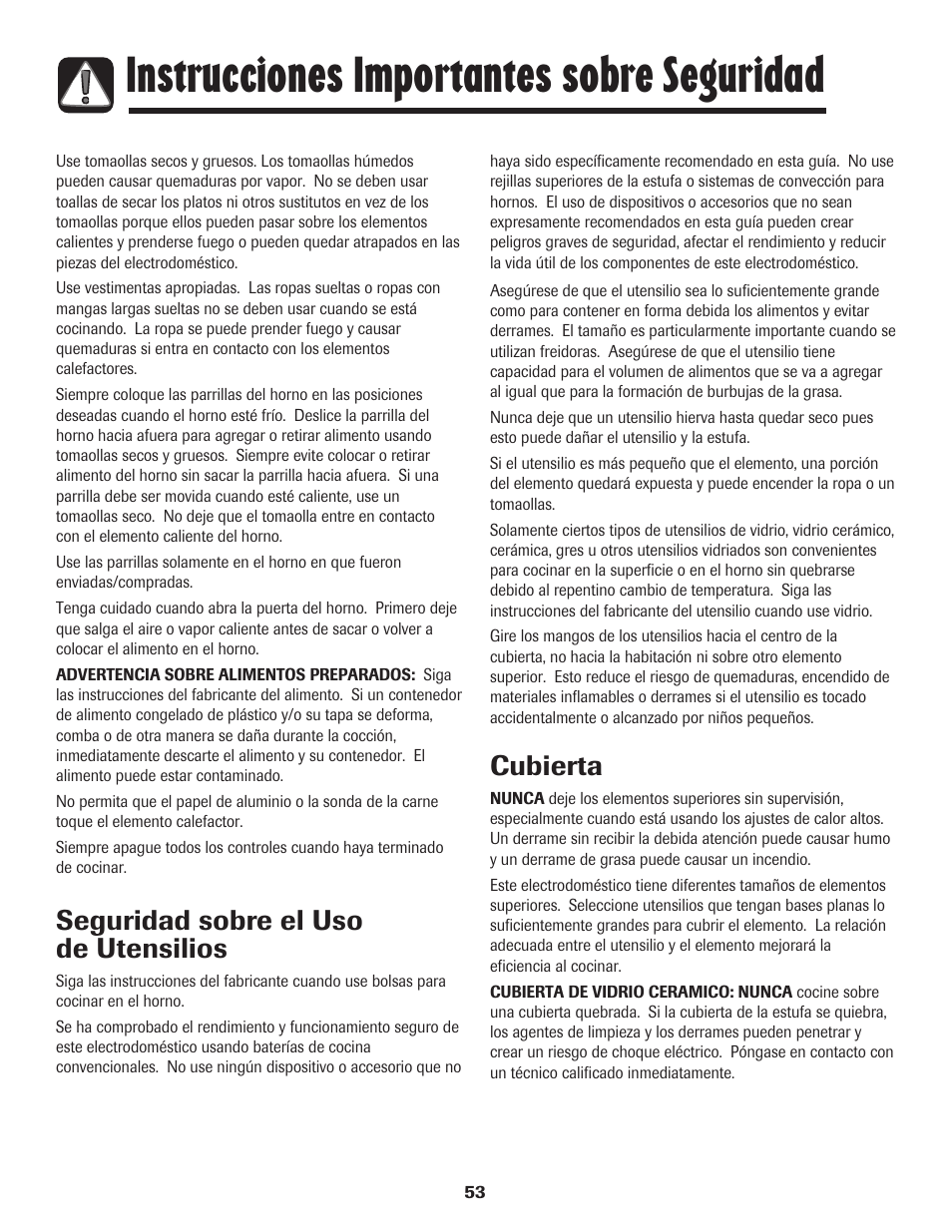 Instrucciones importantes sobre seguridad, Seguridad sobre el uso de utensilios, Cubierta | Amana 8113P596-60 User Manual | Page 54 / 76