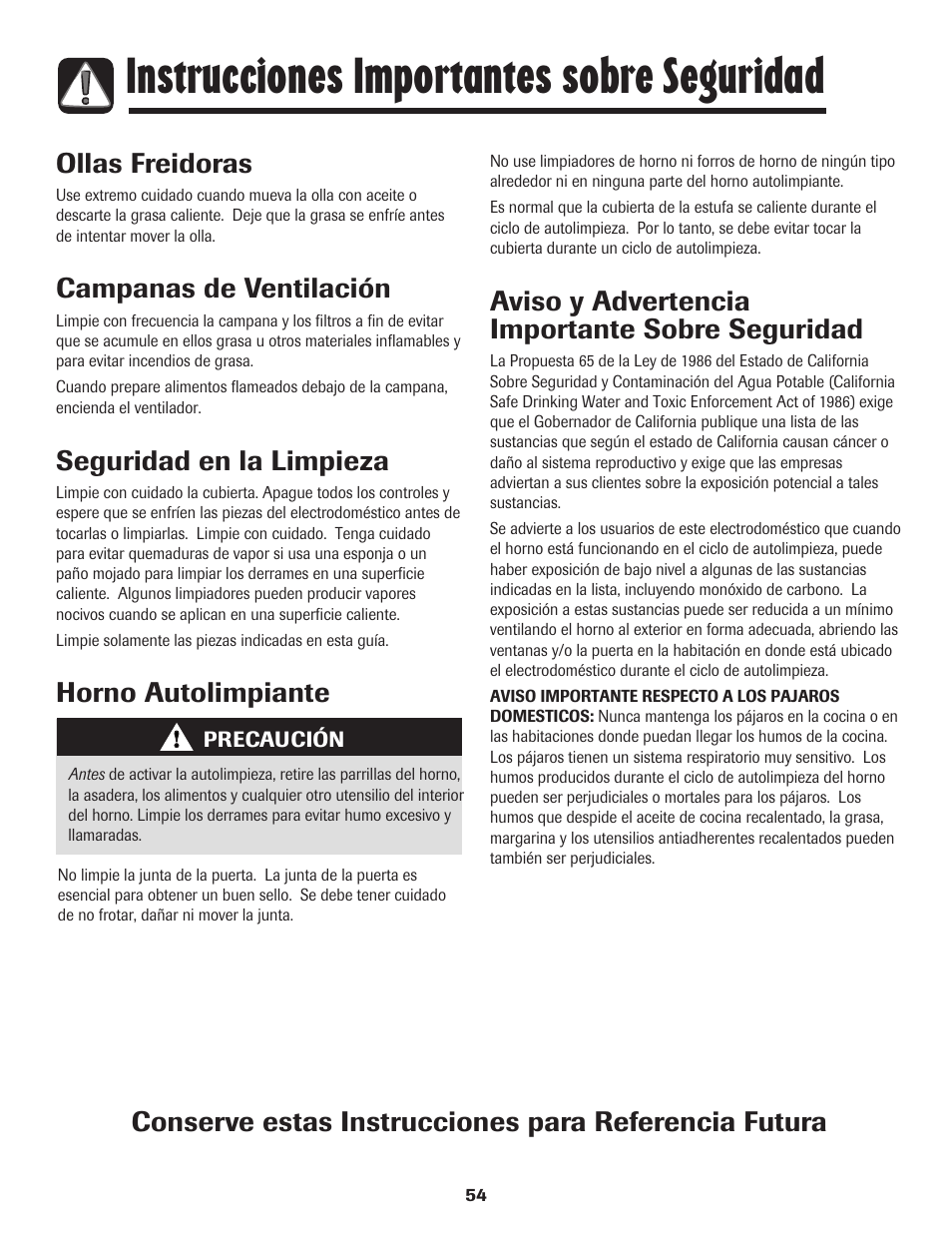 Instrucciones importantes sobre seguridad, Ollas freidoras, Campanas de ventilación | Seguridad en la limpieza, Horno autolimpiante, Aviso y advertencia importante sobre seguridad | Amana 8113P596-60 User Manual | Page 55 / 76