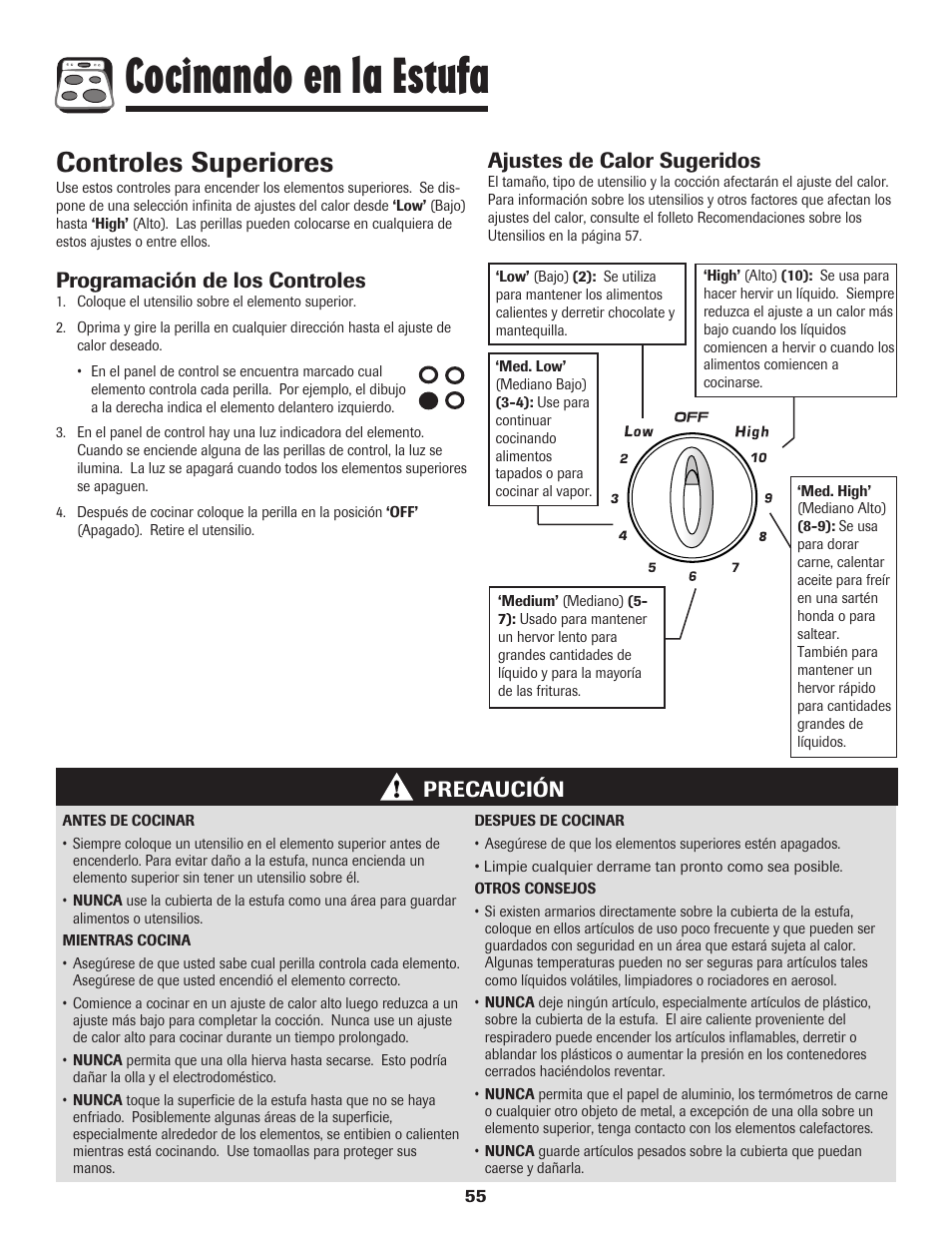 Cocinando en la estufa, Controles superiores, Programación de los controles | Precaución ajustes de calor sugeridos | Amana 8113P596-60 User Manual | Page 56 / 76