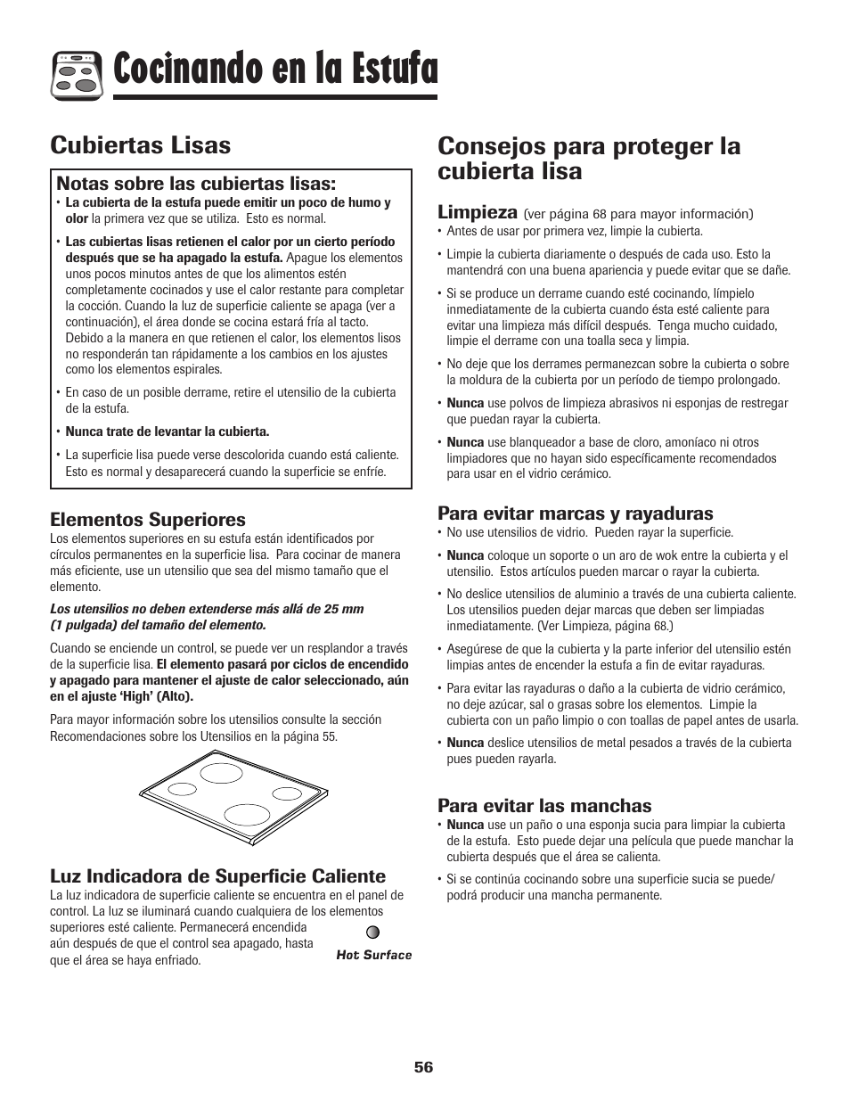 Cocinando en la estufa, Cubiertas lisas, Consejos para proteger la cubierta lisa | Notas sobre las cubiertas lisas, Elementos superiores, Luz indicadora de superficie caliente, Limpieza, Para evitar marcas y rayaduras, Para evitar las manchas | Amana 8113P596-60 User Manual | Page 57 / 76