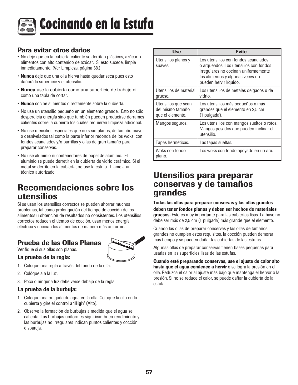 Cocinando en la estufa, Recomendaciones sobre los utensilios, Para evitar otros daños | Prueba de las ollas planas | Amana 8113P596-60 User Manual | Page 58 / 76