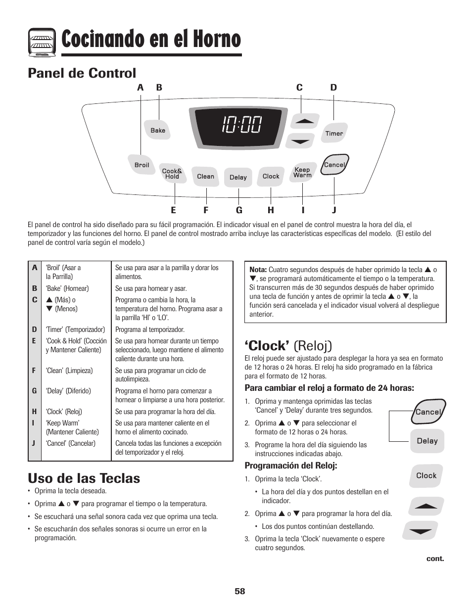 Cocinando en el horno, Panel de control, Clock’ (reloj) | Uso de las teclas | Amana 8113P596-60 User Manual | Page 59 / 76