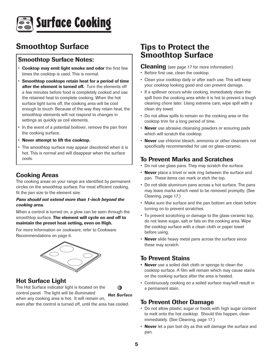 Surface cooking, Smoothtop surface, Tips to protect the smoothtop surface | Cooking areas, Hot surface light, Cleaning | Amana 8113P596-60 User Manual | Page 6 / 76