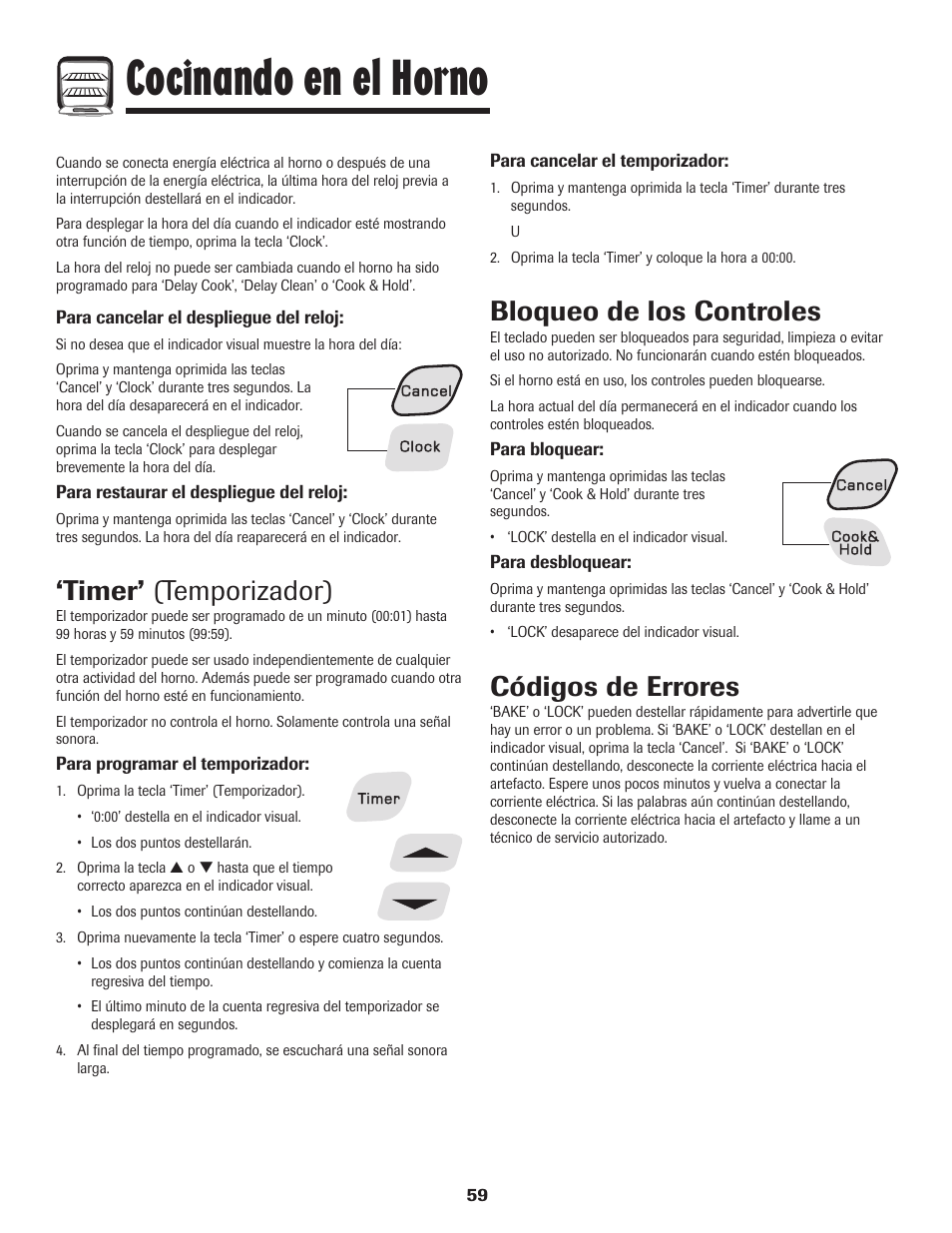 Cocinando en el horno, Timer’ (temporizador), Bloqueo de los controles | Códigos de errores | Amana 8113P596-60 User Manual | Page 60 / 76