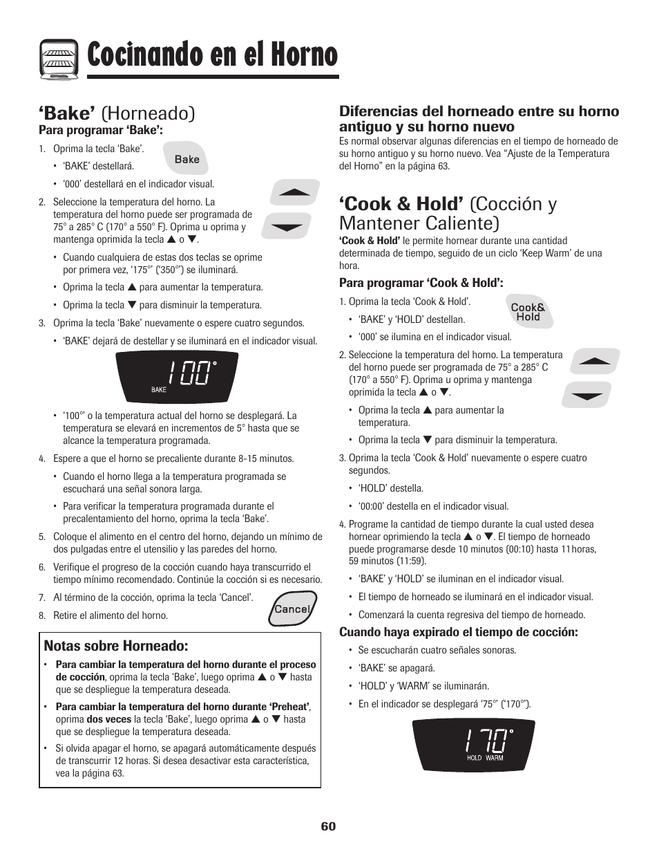 Cocinando en el horno, Bake’ (horneado), Cook & hold’ (cocción y mantener caliente) | Notas sobre horneado | Amana 8113P596-60 User Manual | Page 61 / 76