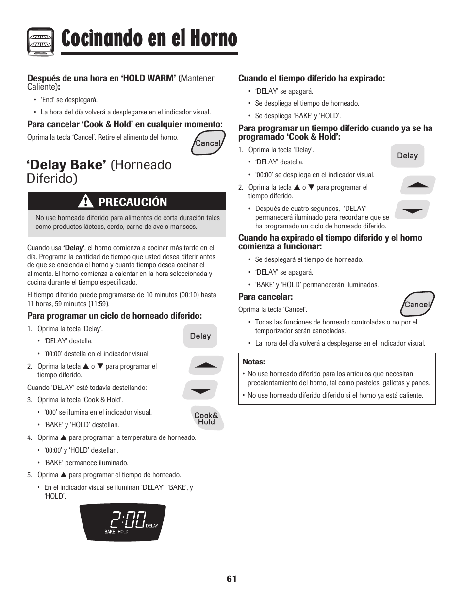 Cocinando en el horno, Delay bake’ (horneado diferido), Precaución | Amana 8113P596-60 User Manual | Page 62 / 76