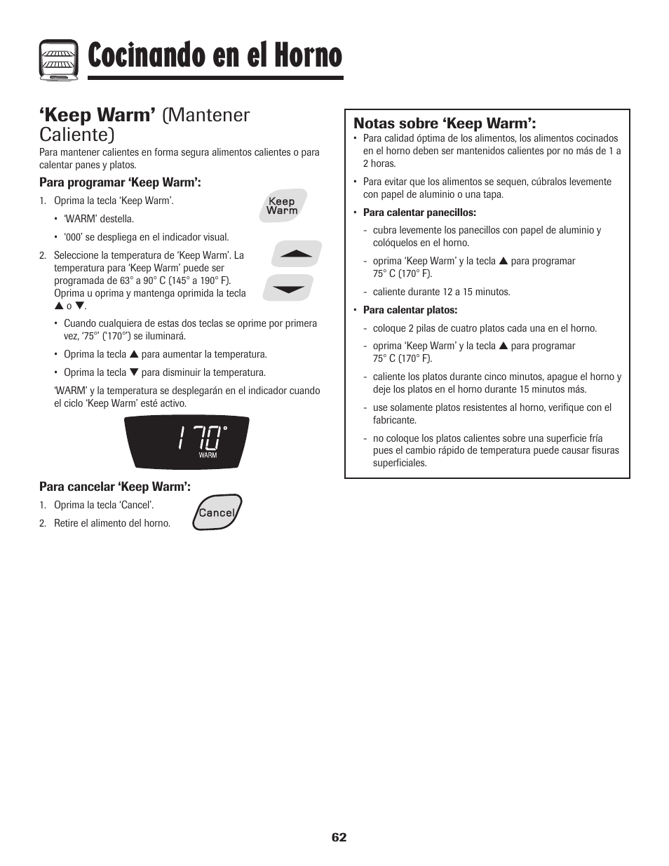 Cocinando en el horno, Keep warm’ (mantener caliente), Notas sobre ‘keep warm | Amana 8113P596-60 User Manual | Page 63 / 76