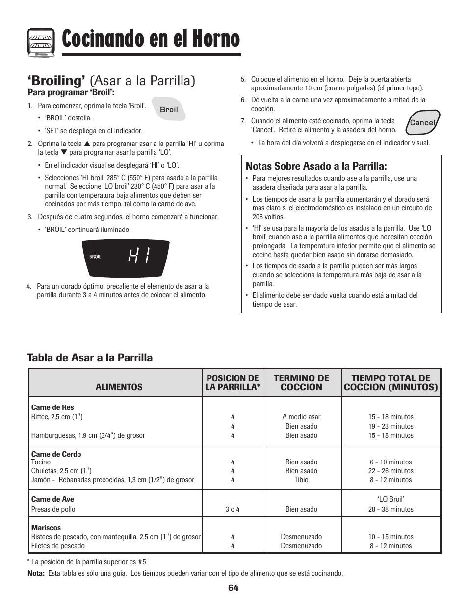 Cocinando en el horno, Broiling’ (asar a la parrilla), Notas sobre asado a la parrilla | Tabla de asar a la parrilla | Amana 8113P596-60 User Manual | Page 65 / 76