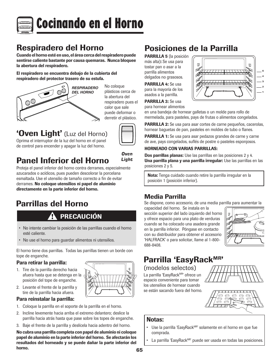 Cocinando en el horno, Panel inferior del horno, Respiradero del horno | Oven light, Parrillas del horno, Posiciones de la parrilla, Parrilla ‘easyrack | Amana 8113P596-60 User Manual | Page 66 / 76