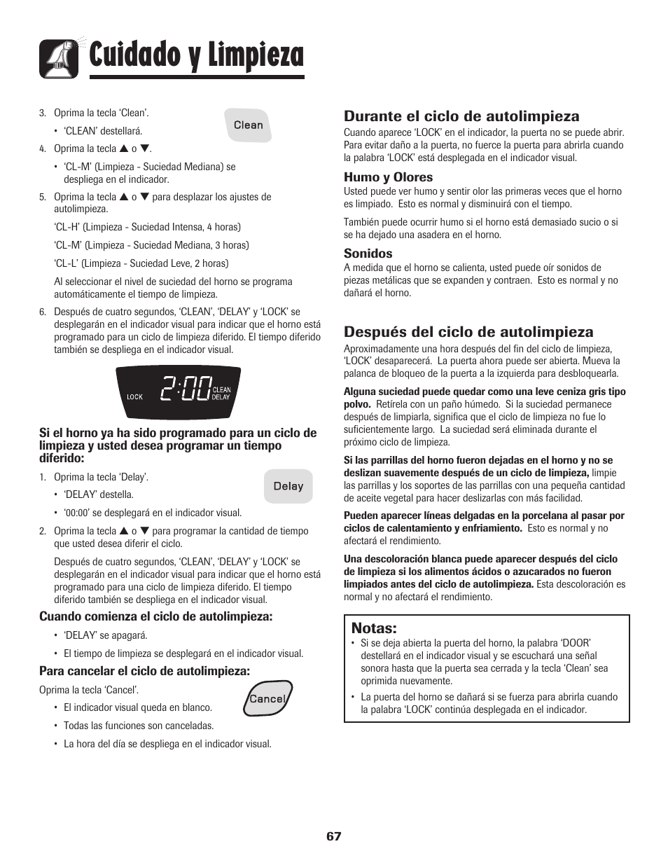 Cuidado y limpieza, Notas, Durante el ciclo de autolimpieza | Después del ciclo de autolimpieza | Amana 8113P596-60 User Manual | Page 68 / 76