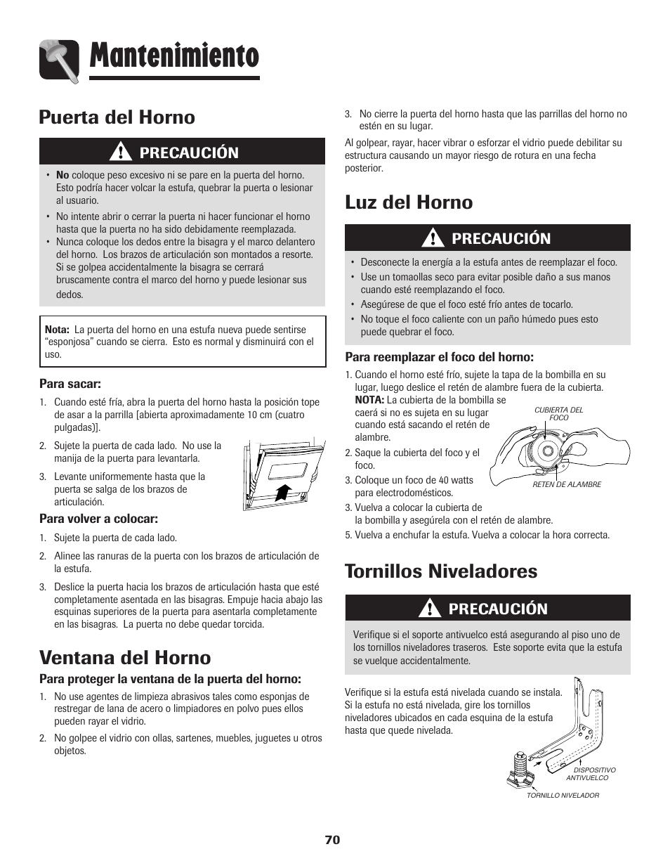 Mantenimiento, Luz del horno tornillos niveladores, Puerta del horno | Ventana del horno, Precaución | Amana 8113P596-60 User Manual | Page 71 / 76