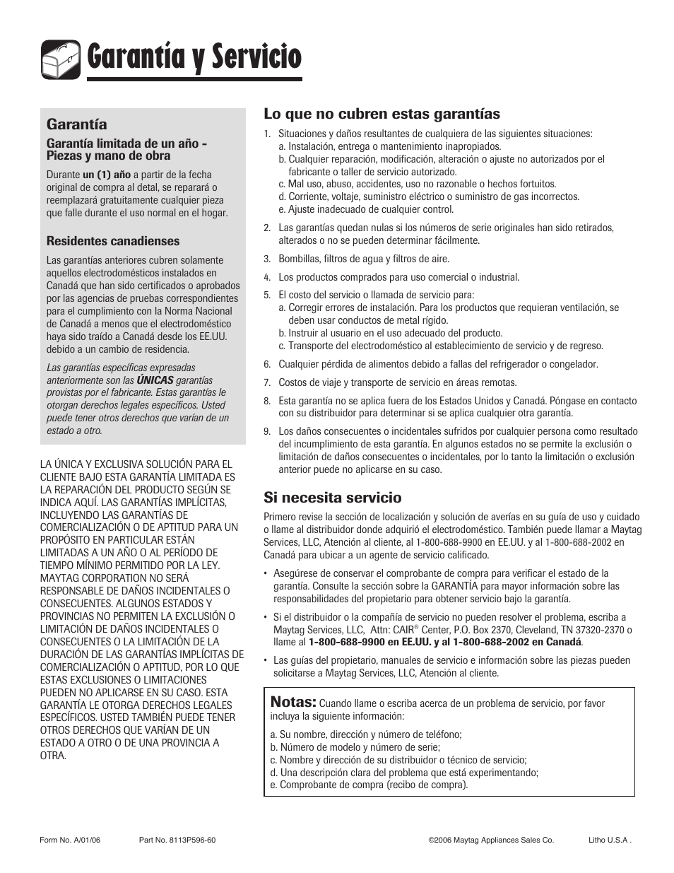 Garantía y servicio, Garantía, Lo que no cubren estas garantías | Si necesita servicio, Notas | Amana 8113P596-60 User Manual | Page 76 / 76