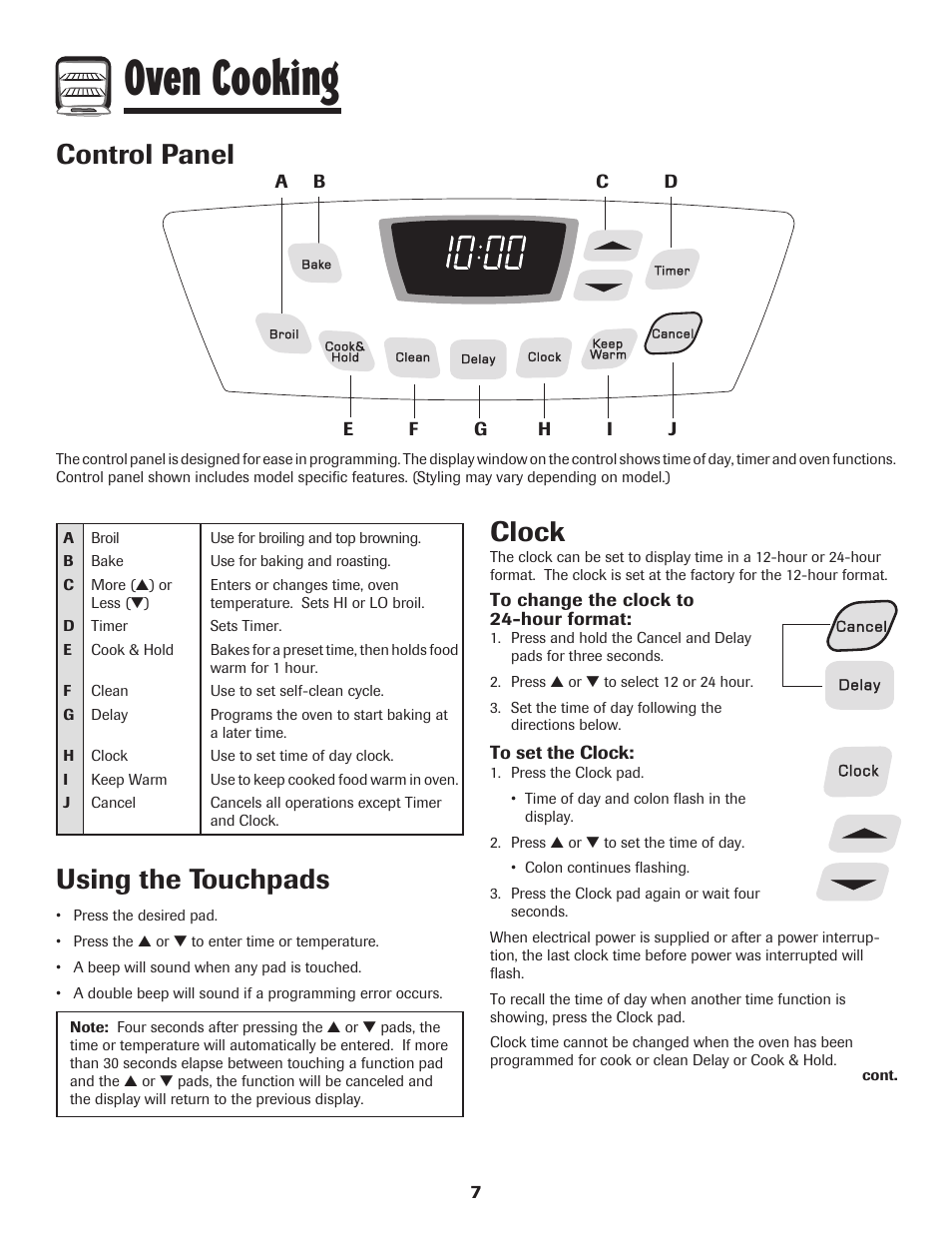 Oven cooking, Control panel, Using the touchpads | Clock | Amana 8113P596-60 User Manual | Page 8 / 76