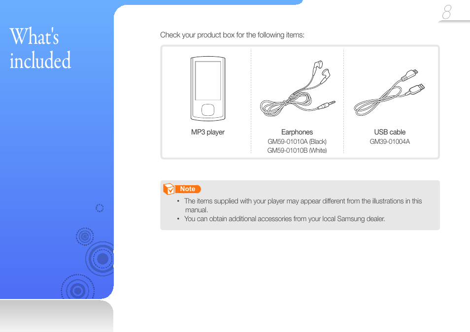 What's included | Samsung YP-R0JCS-XAA User Manual | Page 10 / 65