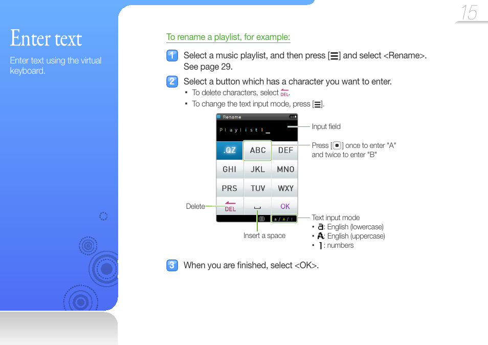 Enter text, Enter, Text | Samsung YP-R0JCS-XAA User Manual | Page 17 / 65