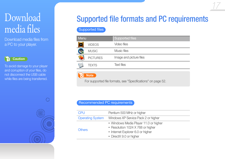 Download media files, Supported file formats and pc requirements, Download media ﬁ les | Supported ﬁ le formats and pc, Requirements, Download media fi les, Supported ﬁ le formats and pc requirements | Samsung YP-R0JCS-XAA User Manual | Page 19 / 65