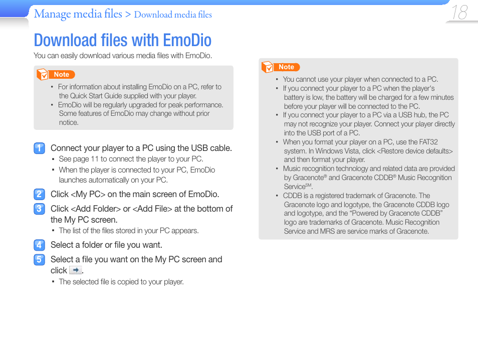 Download files with emodio, Download ﬁ les with emodio, Manage media fi les | Download media fi les | Samsung YP-R0JCS-XAA User Manual | Page 20 / 65