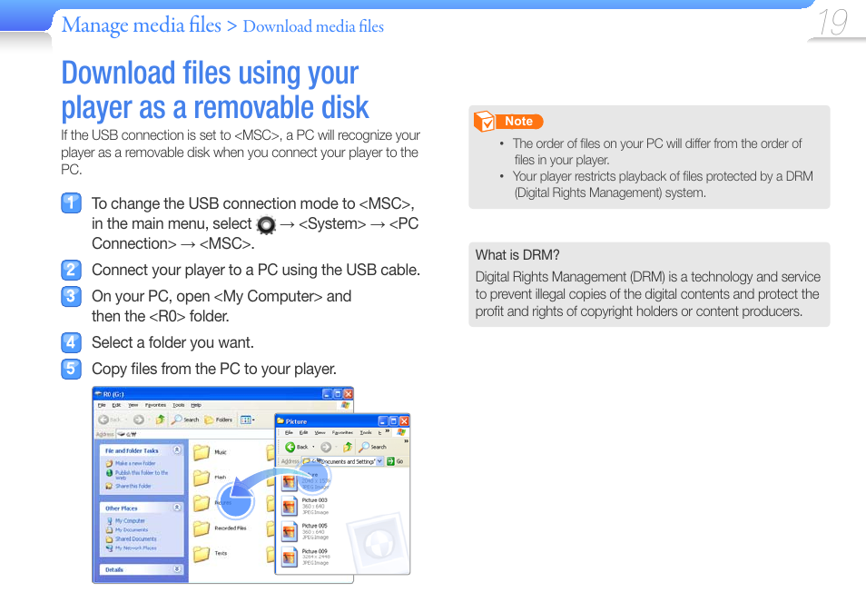 Download ﬁ les using your player as a, Removable disk, Manage media fi les | Samsung YP-R0JCS-XAA User Manual | Page 21 / 65