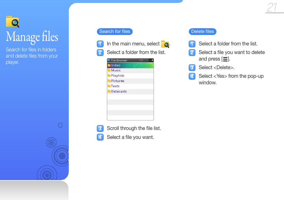 Manage files, Manage, Manage fi les | Samsung YP-R0JCS-XAA User Manual | Page 23 / 65