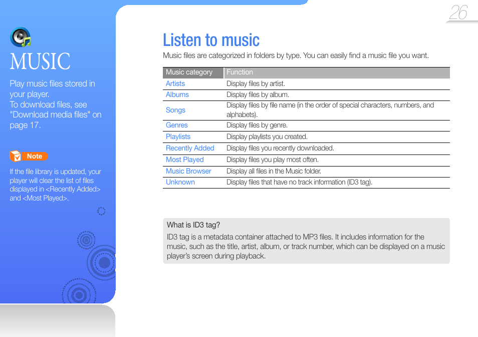 Music, Listen to music | Samsung YP-R0JCS-XAA User Manual | Page 28 / 65
