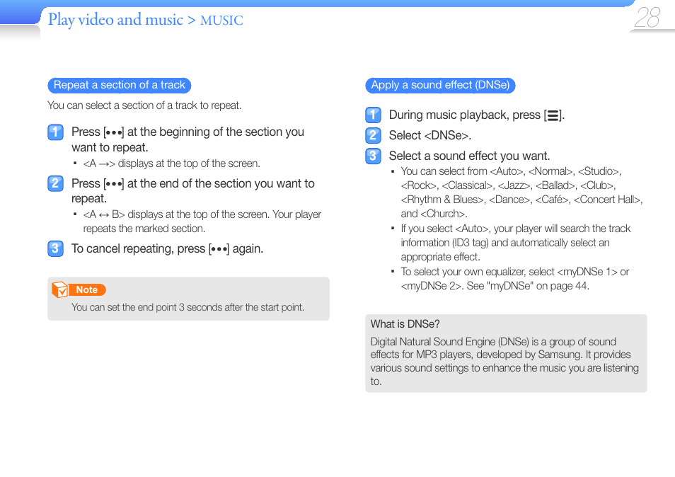 Play video and music, Music | Samsung YP-R0JCS-XAA User Manual | Page 30 / 65