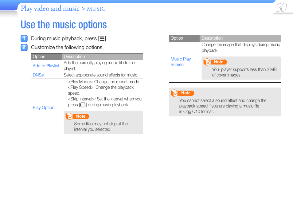Use the music options, Play video and music | Samsung YP-R0JCS-XAA User Manual | Page 32 / 65