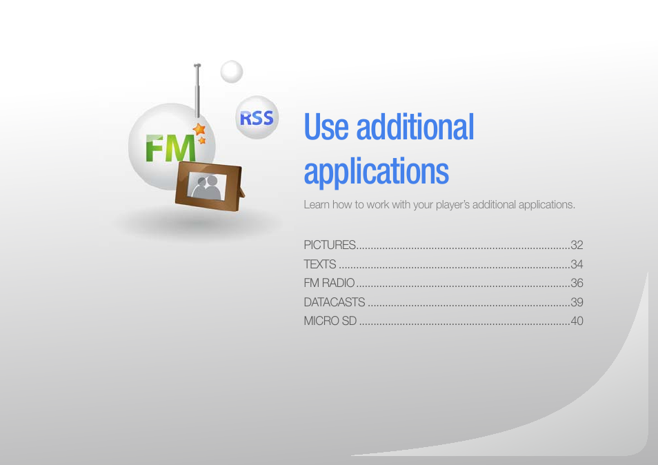 Use additional applications, Additional, Applications | Samsung YP-R0JCS-XAA User Manual | Page 33 / 65