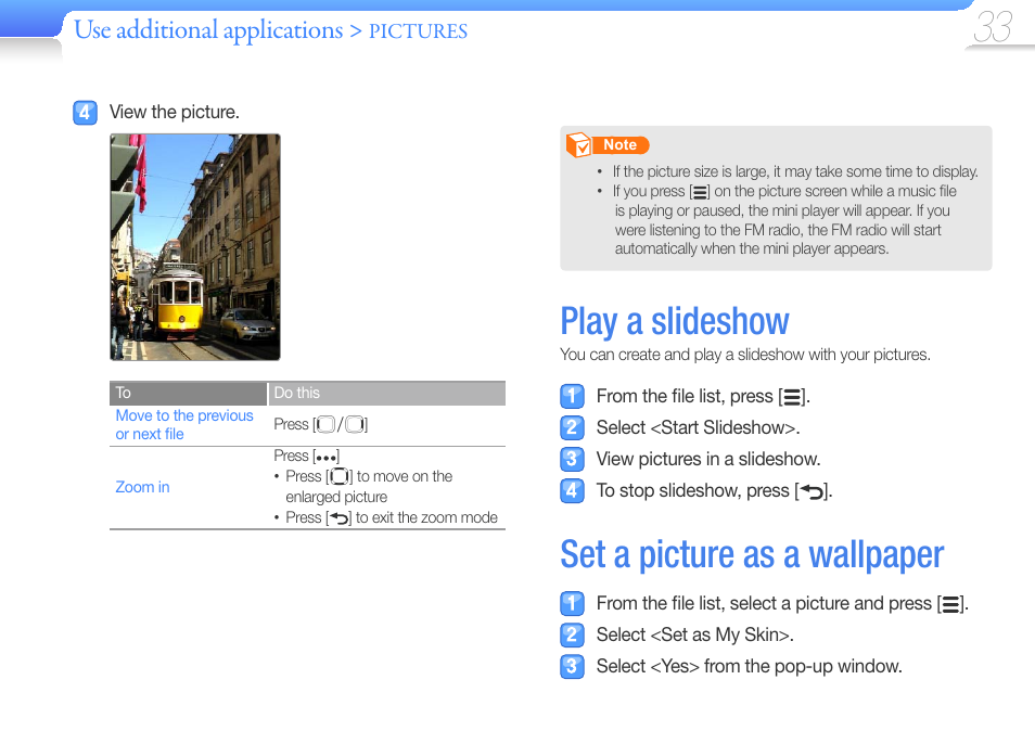 Play a slideshow, Set a picture as a wallpaper, Use additional applications | Samsung YP-R0JCS-XAA User Manual | Page 35 / 65