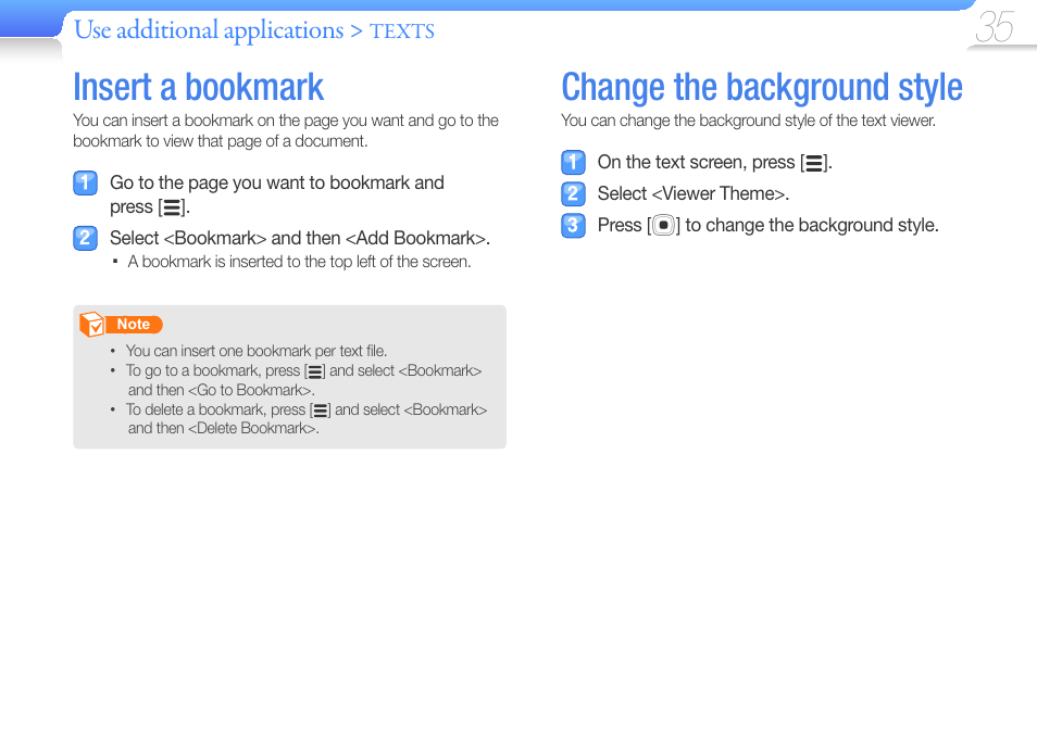 Insert a bookmark, Change the background style, Use additional applications | Samsung YP-R0JCS-XAA User Manual | Page 37 / 65
