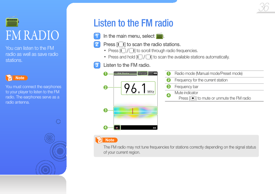 Fm radio, Listen to the fm radio, Radio | Samsung YP-R0JCS-XAA User Manual | Page 38 / 65
