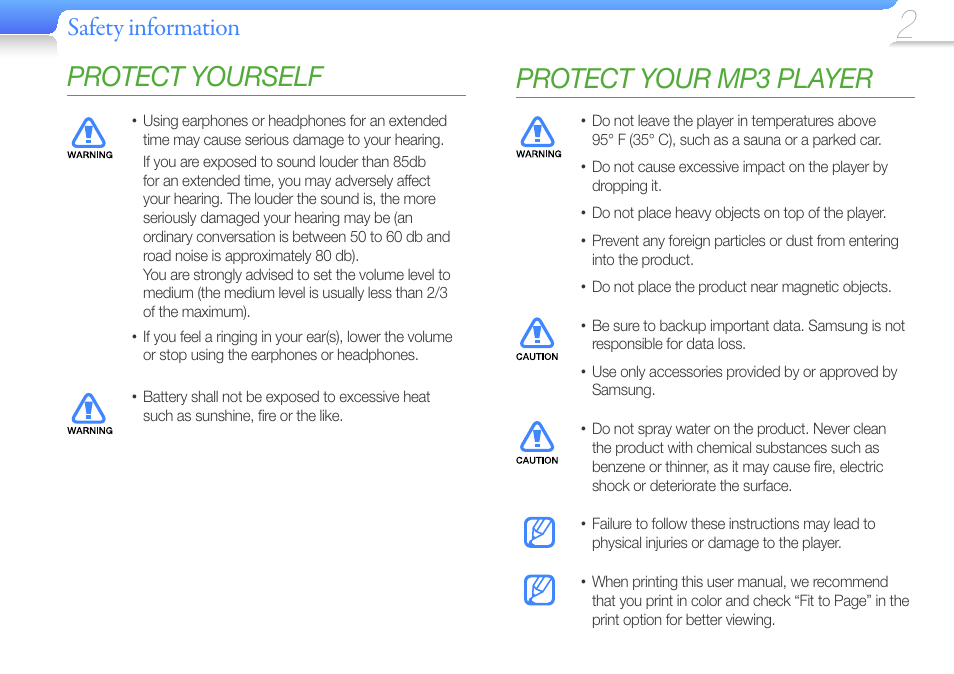 Protect yourself, Protect your mp3 player, Safety information | Samsung YP-R0JCS-XAA User Manual | Page 4 / 65