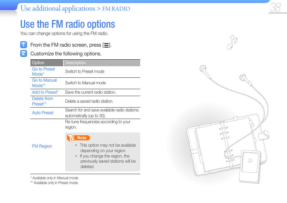 Use the fm radio options, Use additional applications | Samsung YP-R0JCS-XAA User Manual | Page 40 / 65