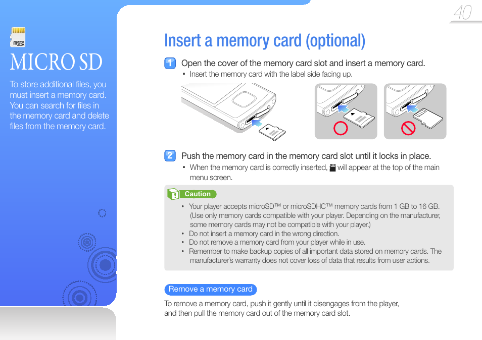 Micro sd, Insert a memory card (optional), Micro | Samsung YP-R0JCS-XAA User Manual | Page 42 / 65