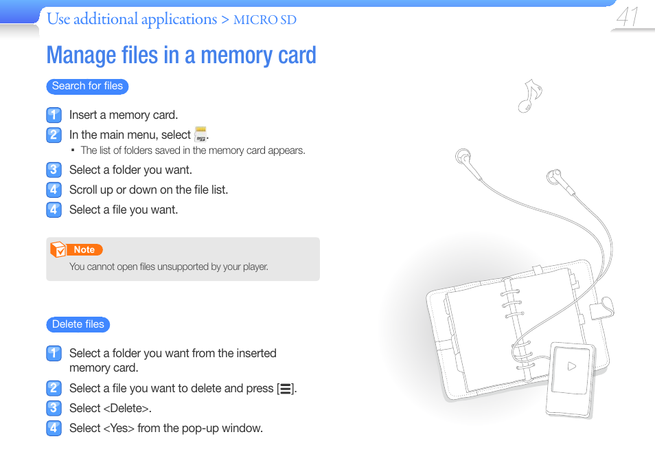 Manage files in a memory card, Manage ﬁ les in a memory card, Use additional applications | Samsung YP-R0JCS-XAA User Manual | Page 43 / 65