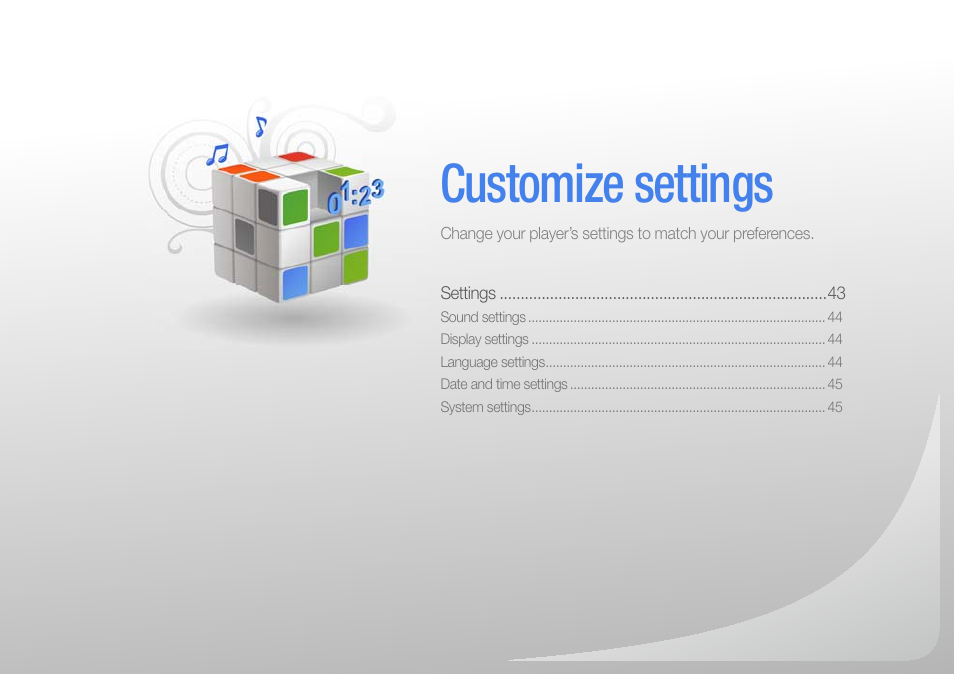 Customize settings, Customize, Settings | Samsung YP-R0JCS-XAA User Manual | Page 44 / 65