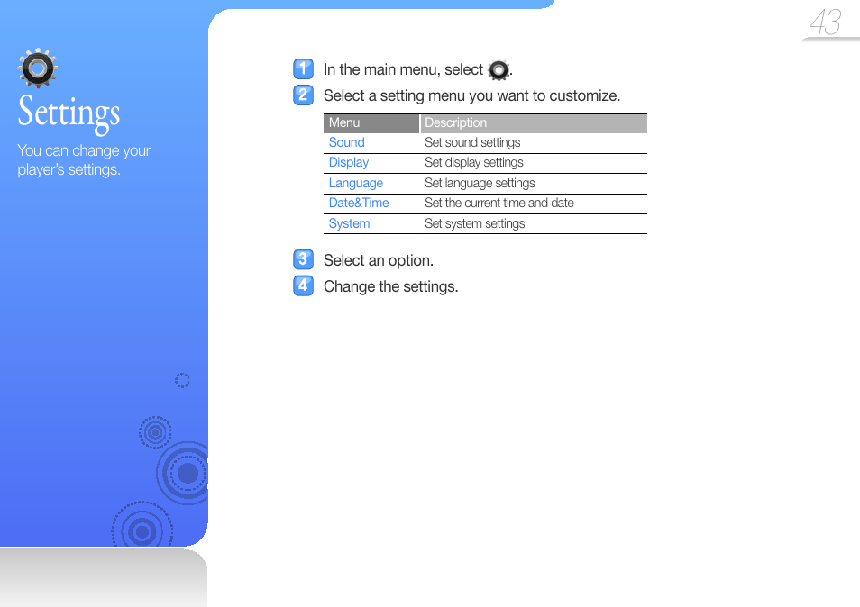 Settings | Samsung YP-R0JCS-XAA User Manual | Page 45 / 65