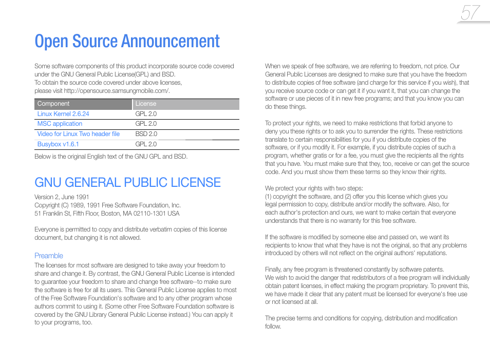 Open source announcement, Gnu general public license | Samsung YP-R0JCS-XAA User Manual | Page 59 / 65