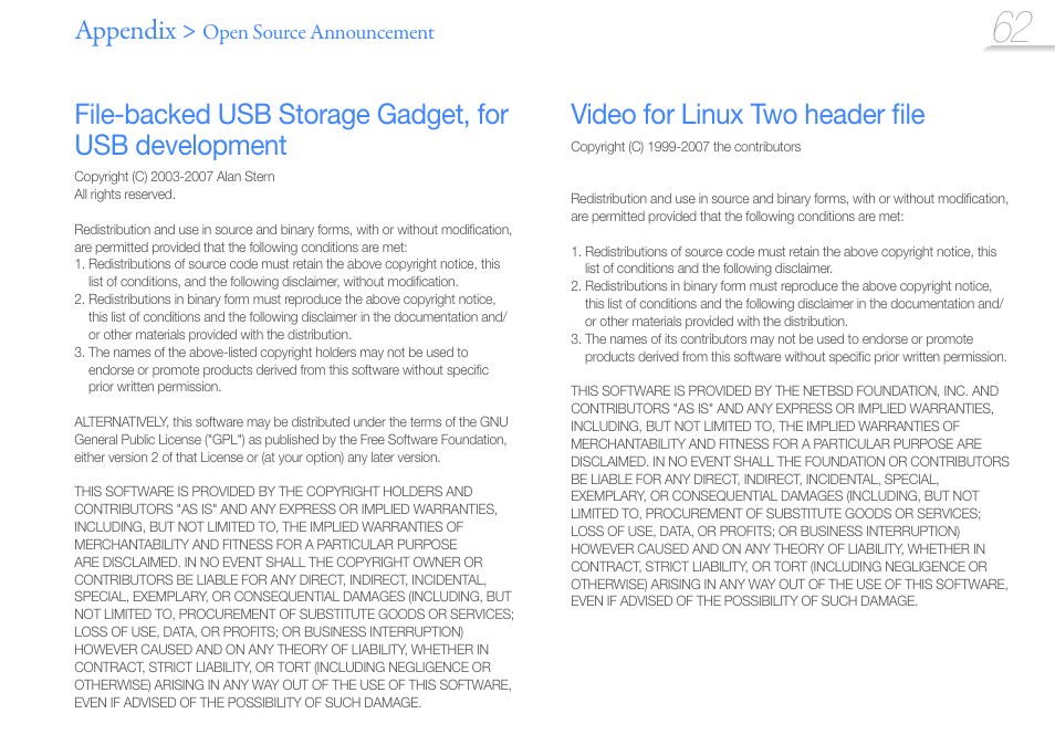 Appendix, Video for linux two header ﬁ le, Open source announcement | Samsung YP-R0JCS-XAA User Manual | Page 64 / 65